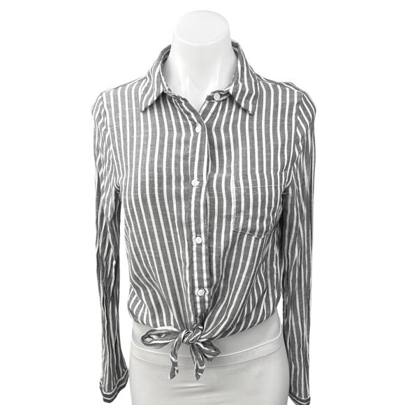Dress Forum Gray Striped Tie Knot Button Up Long Sleeve Crop Shirt Blouse Top S - Picture 1 of 4